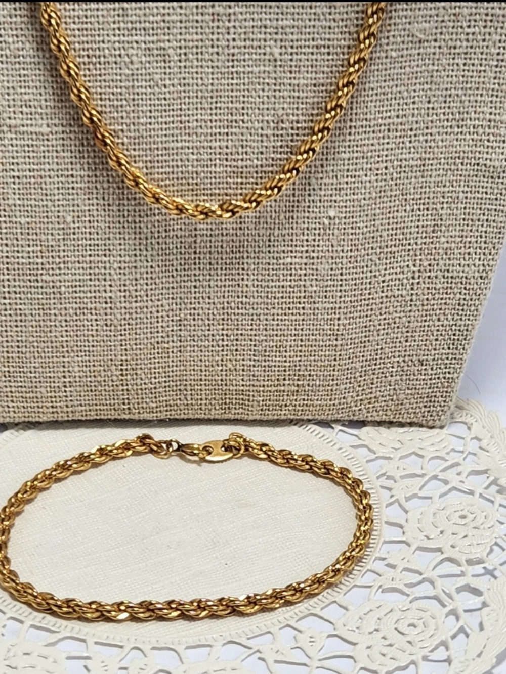 Vintage Sweet 14K Gold Overlay Rope Chain Necklace Bracelet Set 23” Signed